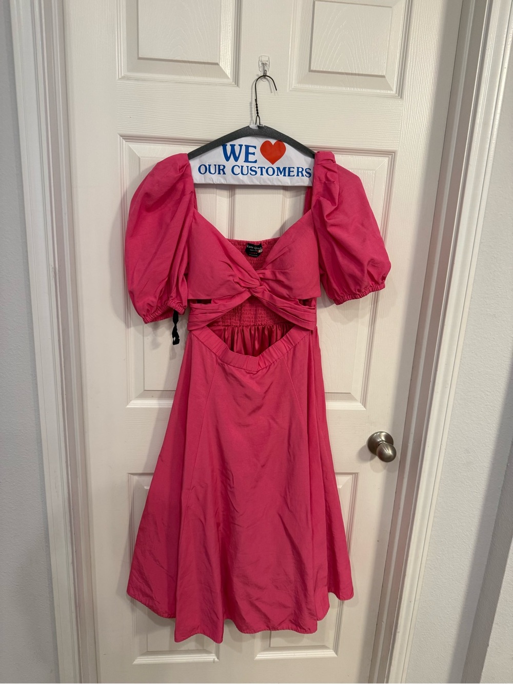 kate spade Hot Pink Puff-Sleeve Midi Dress with Front Cutout